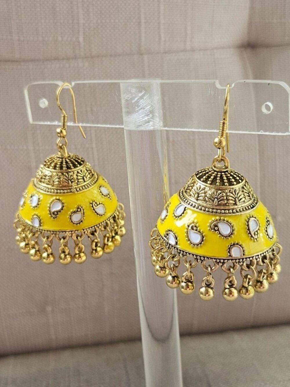 Jhumka Earrings Yellow Enamel Gold Tone Fashion Ear Jewelry Chandelier Earrings - Picture 1 of 11